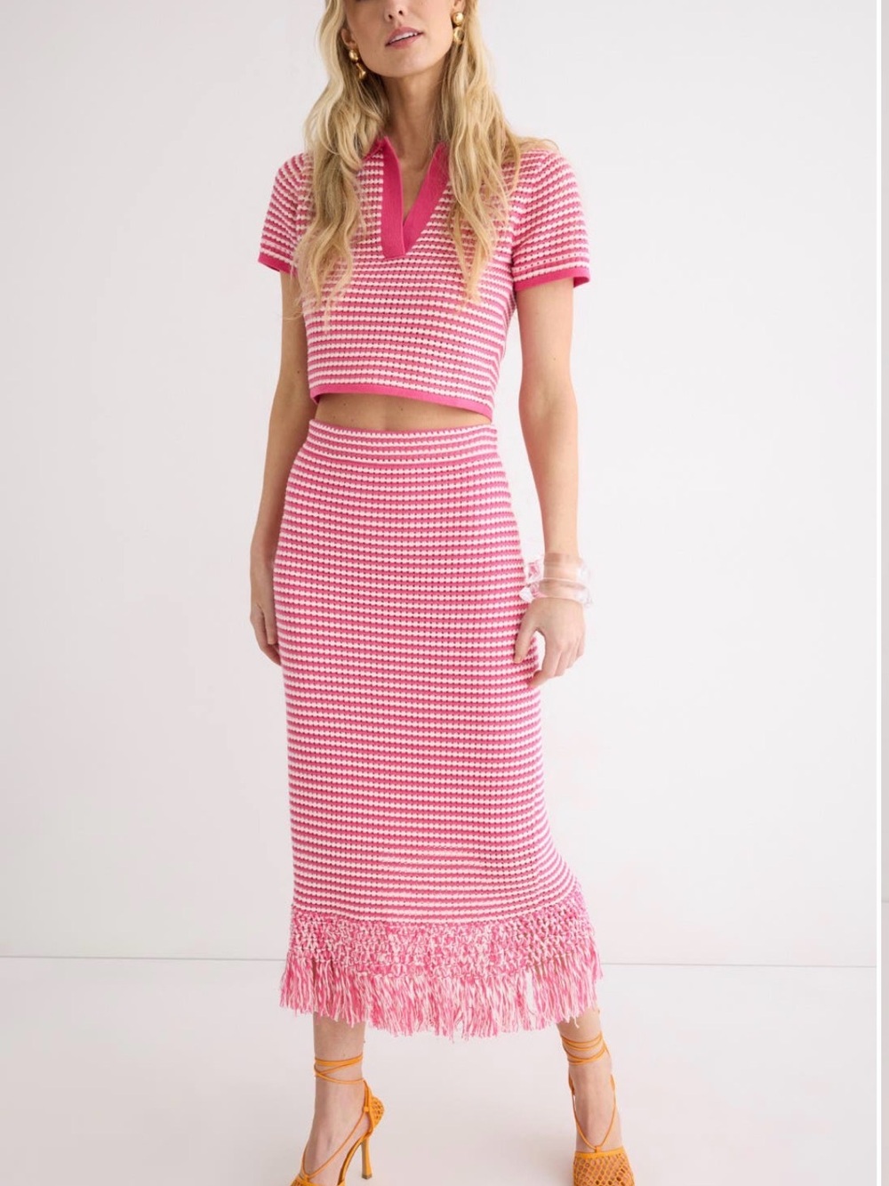 Derek Lam Pink Knit Fringe-Hem Midi Skirt